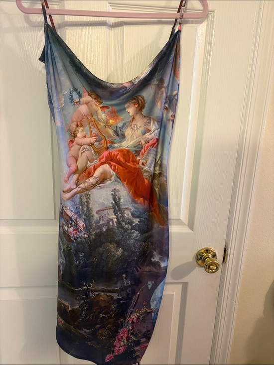 Current Mood Other - Current Mood Satin Slip Dress with Blue Background and Red Accents